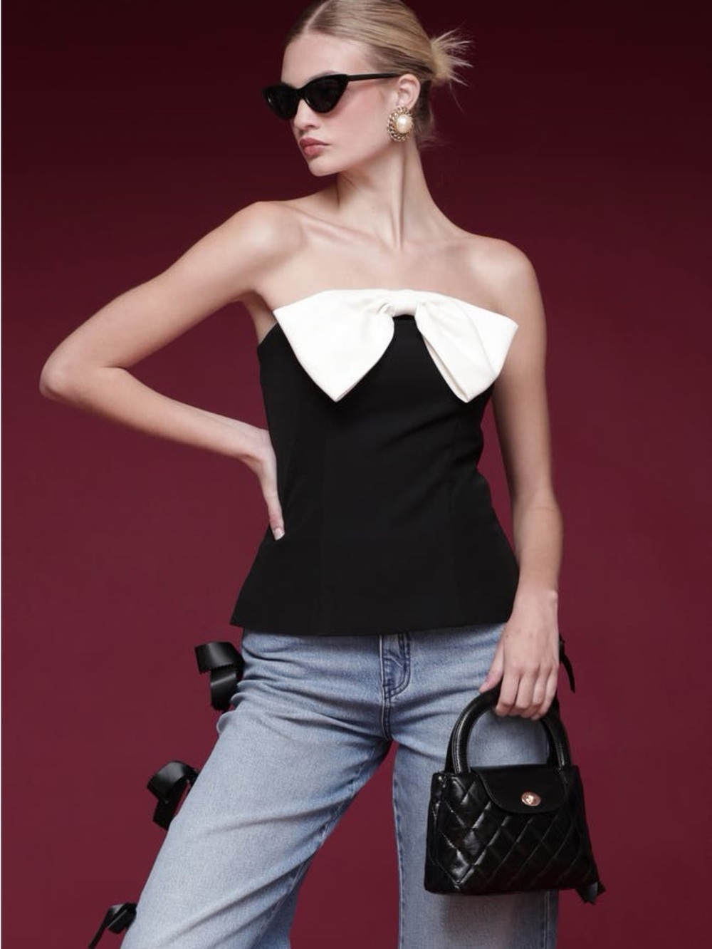 NWOT Avec Les Filles Black Strapless Top with White Bow